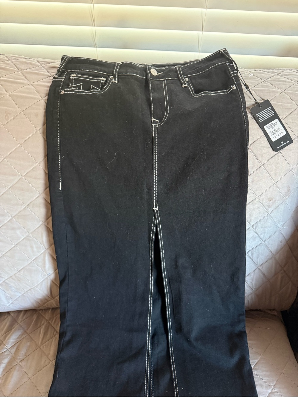 True Religion Black Denim Skirt-Style Jeans with Contrast Stitching
